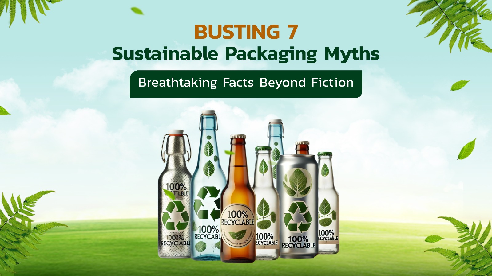 Banner featuring a variety of 100% recyclable bottles and cans on a green, scenic background with ferns and leaves. The headline reads 'Busting 7 Sustainable Packaging Myths' with the subheadline 'Breathtaking Facts Beyond Fiction