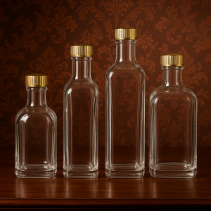 A row of pure glass bottles.