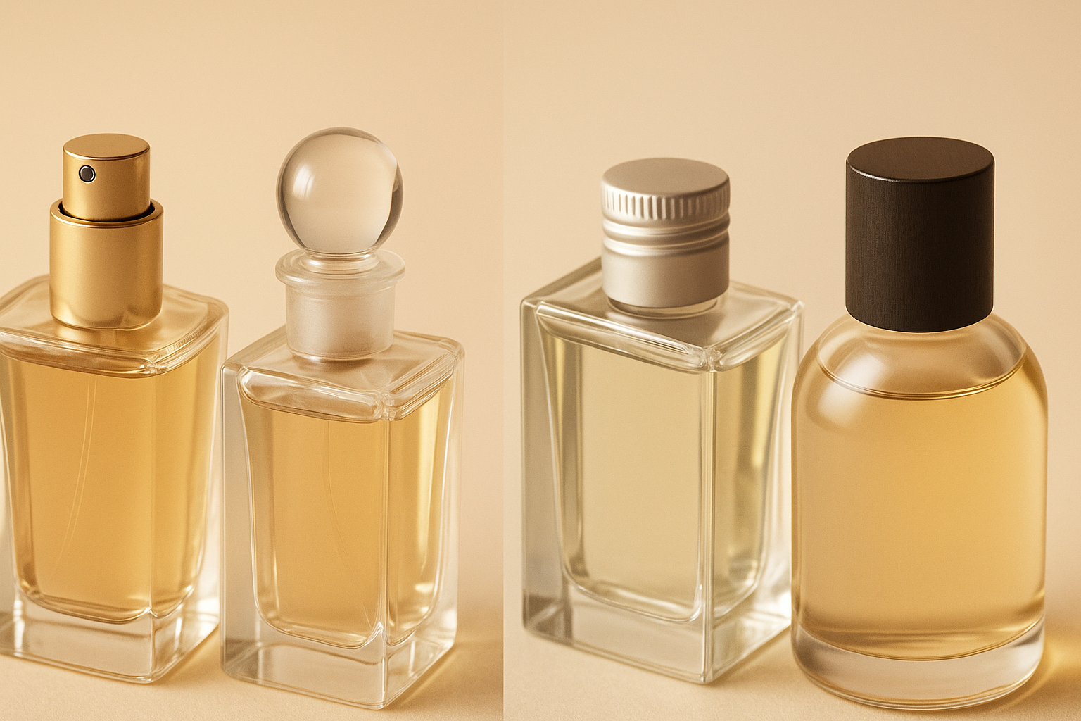 Four elegant perfume bottles with different closures—spray pump, glass stopper, screw cap, and luxury overcap—arranged on a beige background, highlighting closure variety and design.