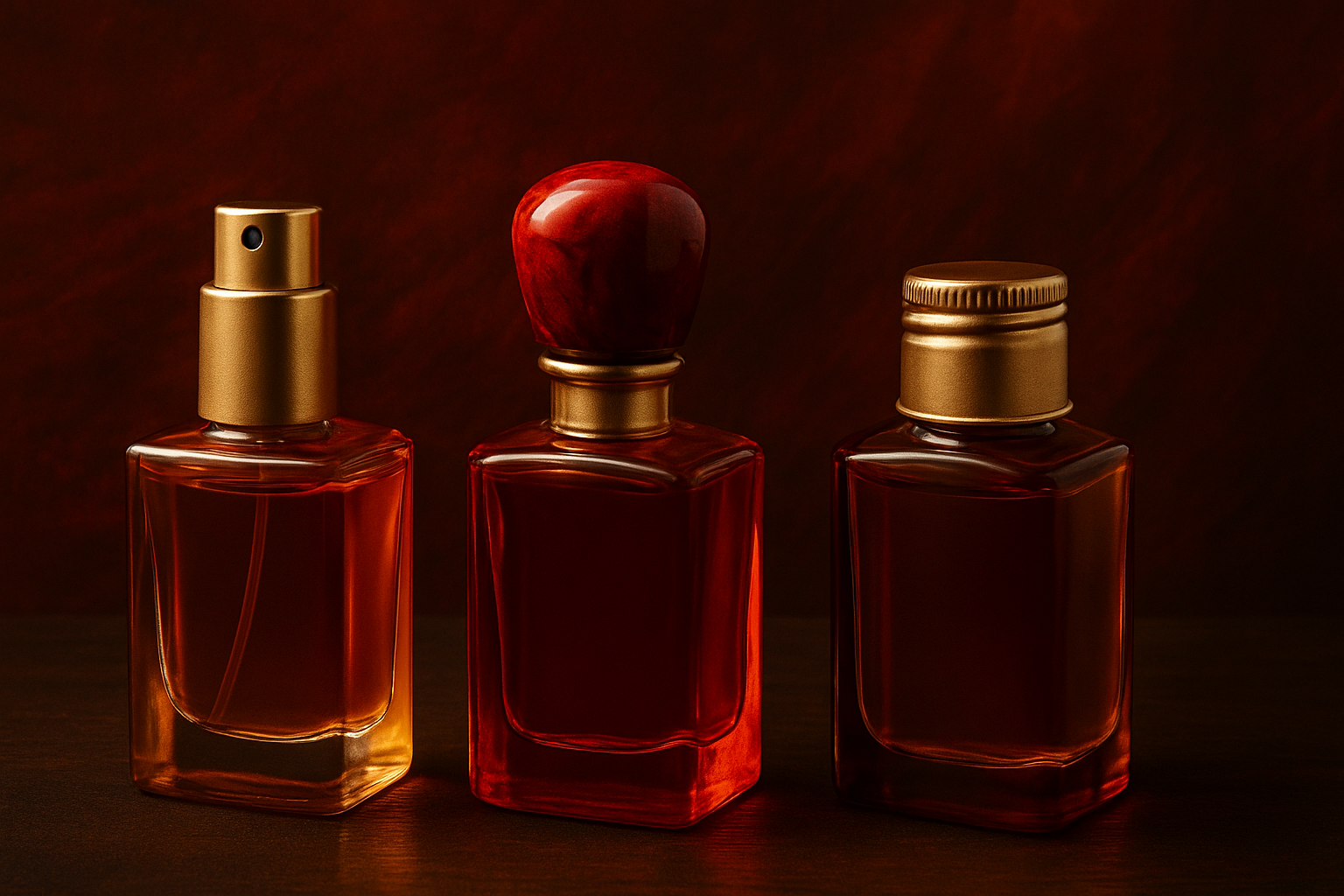 Three luxurious perfume bottles with distinct closures including a gold spray pump, marbled red stopper, and gold screw cap placed against a rich red backdrop and wooden surface highlighting bold Indian-inspired elegance and design variety.
