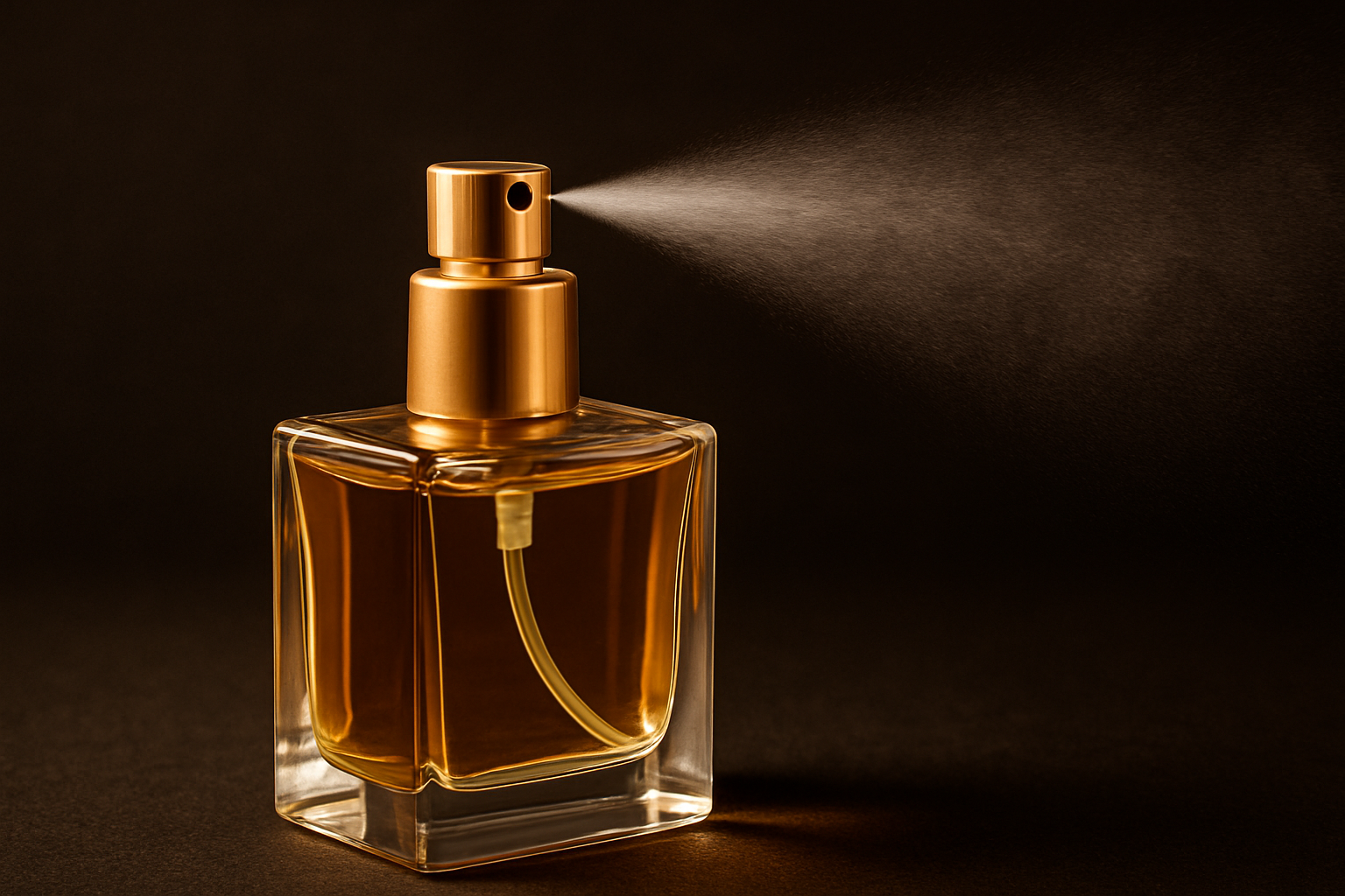 A rectangular glass perfume bottle with a gold spray pump releasing a fine mist, set against a dark background, showcasing elegance and precision in application.