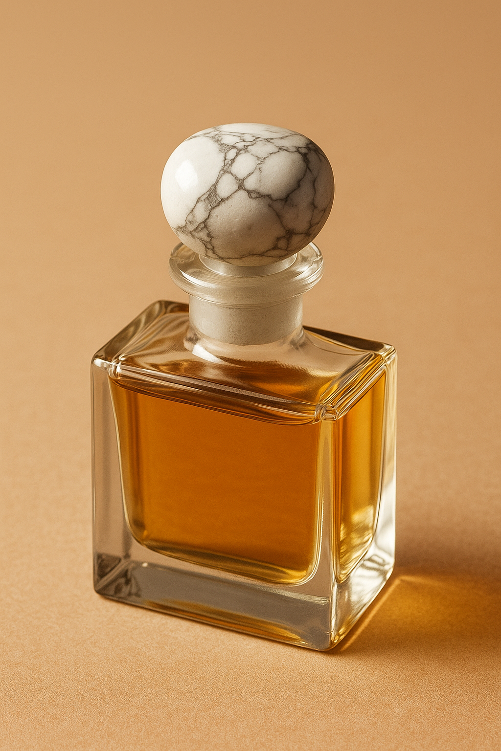 A clear glass perfume bottle filled with amber liquid, topped with a round howlite stone stopper featuring natural grey marbling, set against a soft beige background.