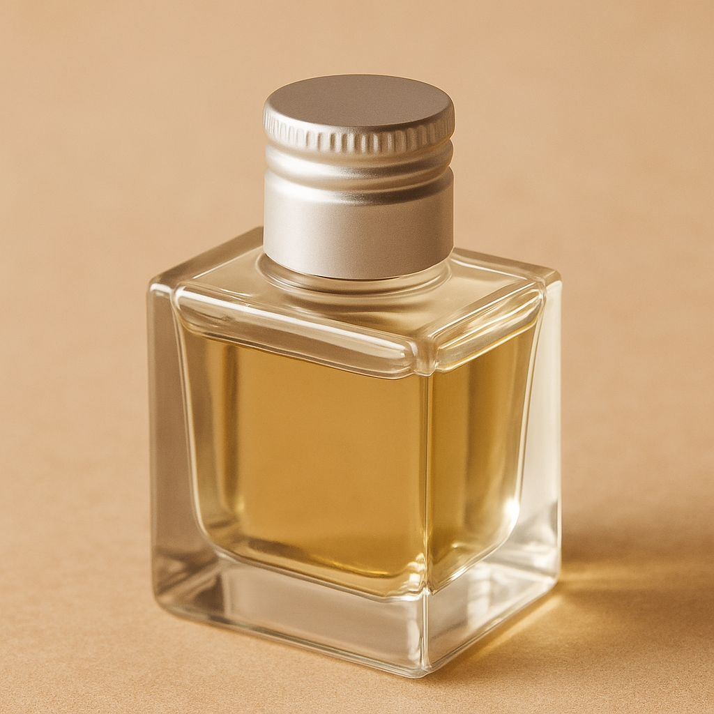 A square-shaped clear glass perfume bottle filled with golden liquid and sealed with a matte silver screw cap, displayed against a soft beige background.