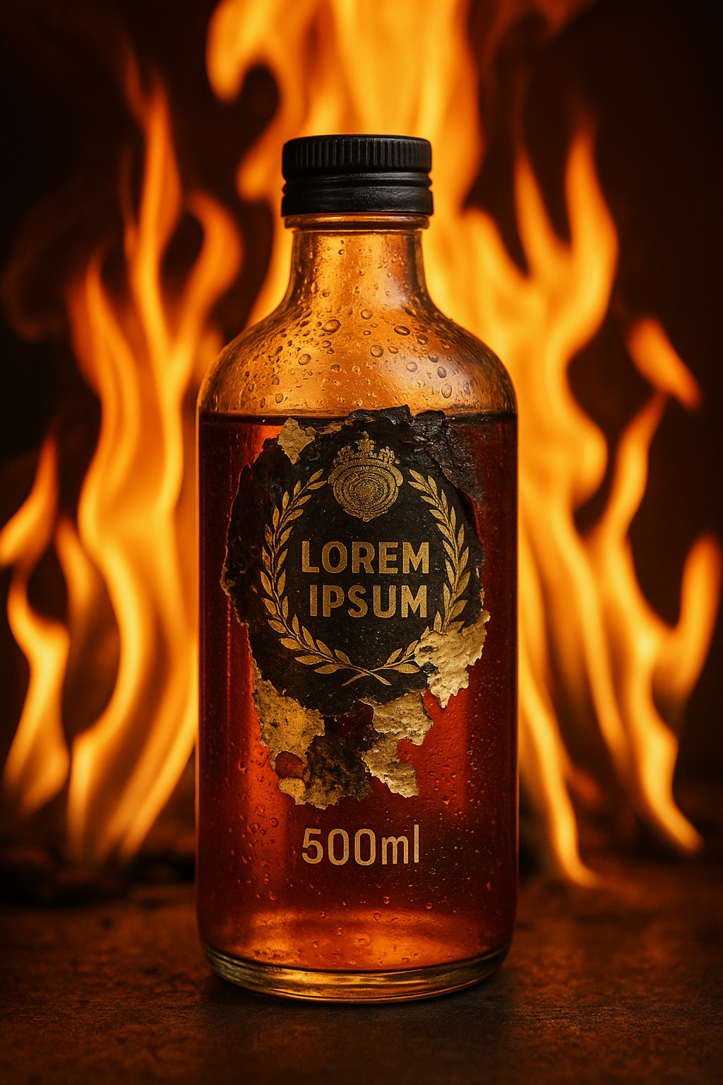 A 500ml decorated glass bottle with a partially burnt and peeling label, standing against a backdrop of intense flames, symbolizing heat-induced damage during shipping or hot-fill processes.