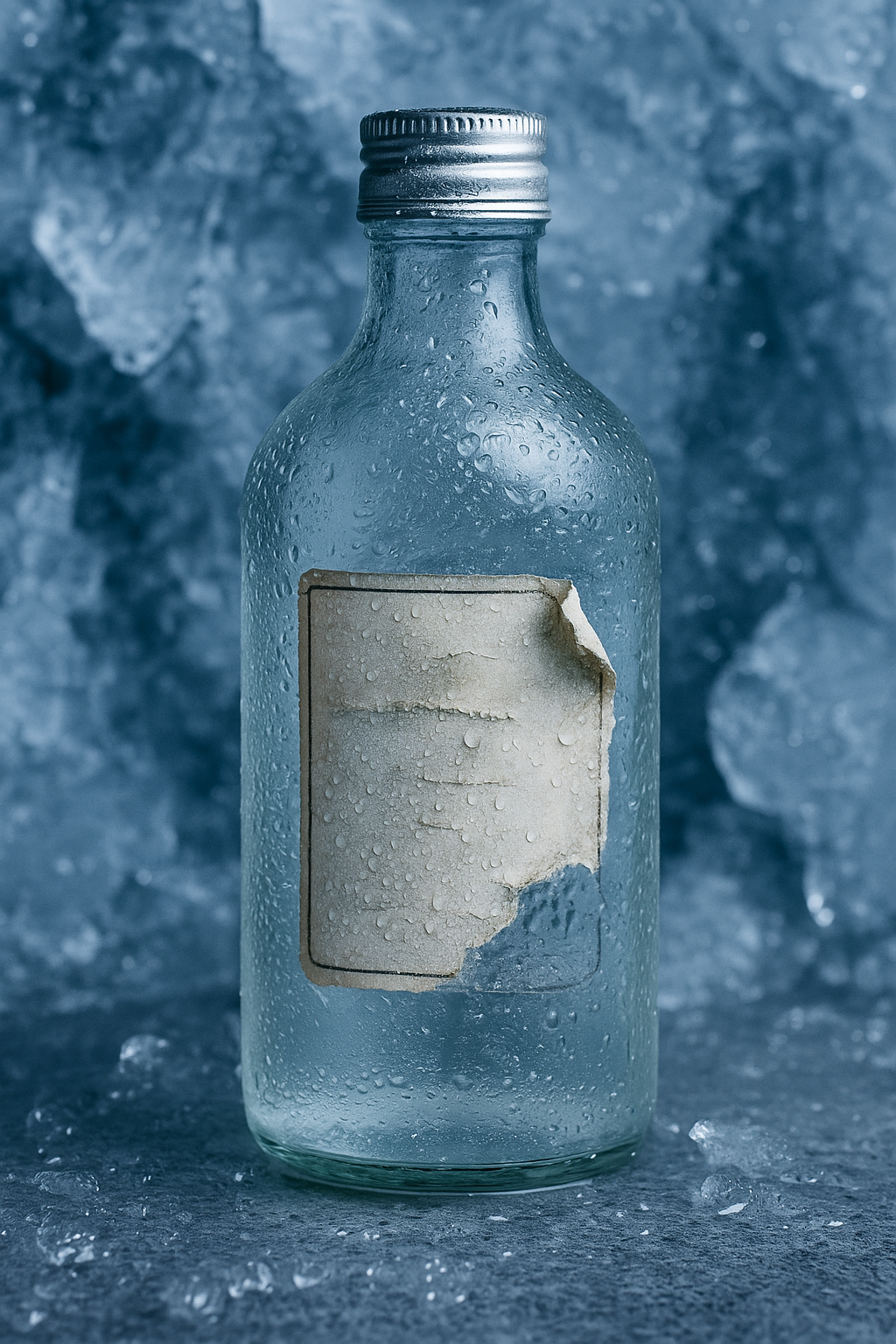 A glass bottle covered in condensation with a partially peeled and water-damaged label, placed against a backdrop of ice, illustrating cold and humidity effects on decoration.