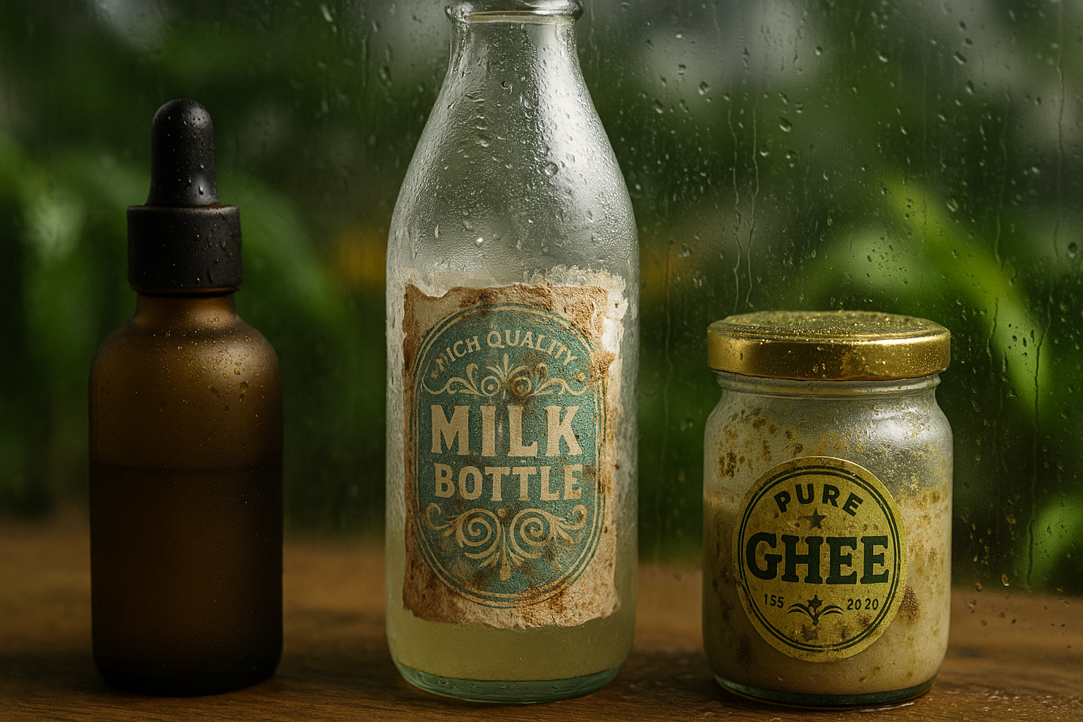 Three glass containers—a frosted dropper bottle, a milk bottle with a stained and peeling label, and a ghee jar with visible mold—displaying signs of humidity damage, set against a rain-covered window in a tropical environment.