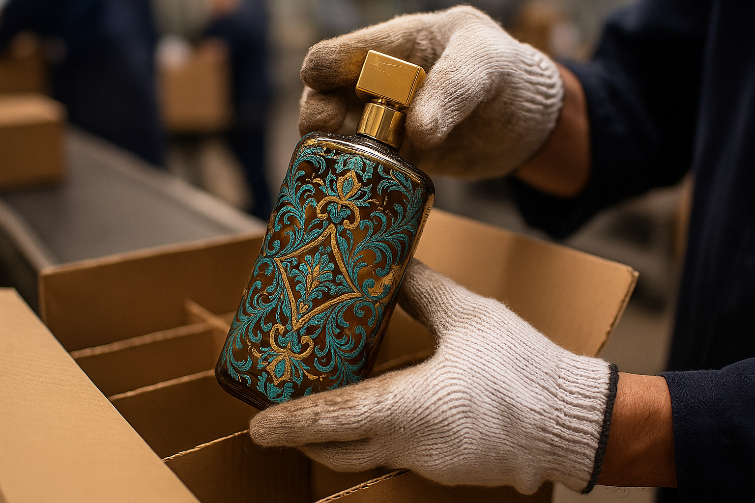 A gloved worker handles an intricately decorated perfume glass bottle with ornate gold and turquoise patterns, placing it into a cardboard box with dividers in a busy packaging facility, illustrating the risks of manual handling to delicate decoration.