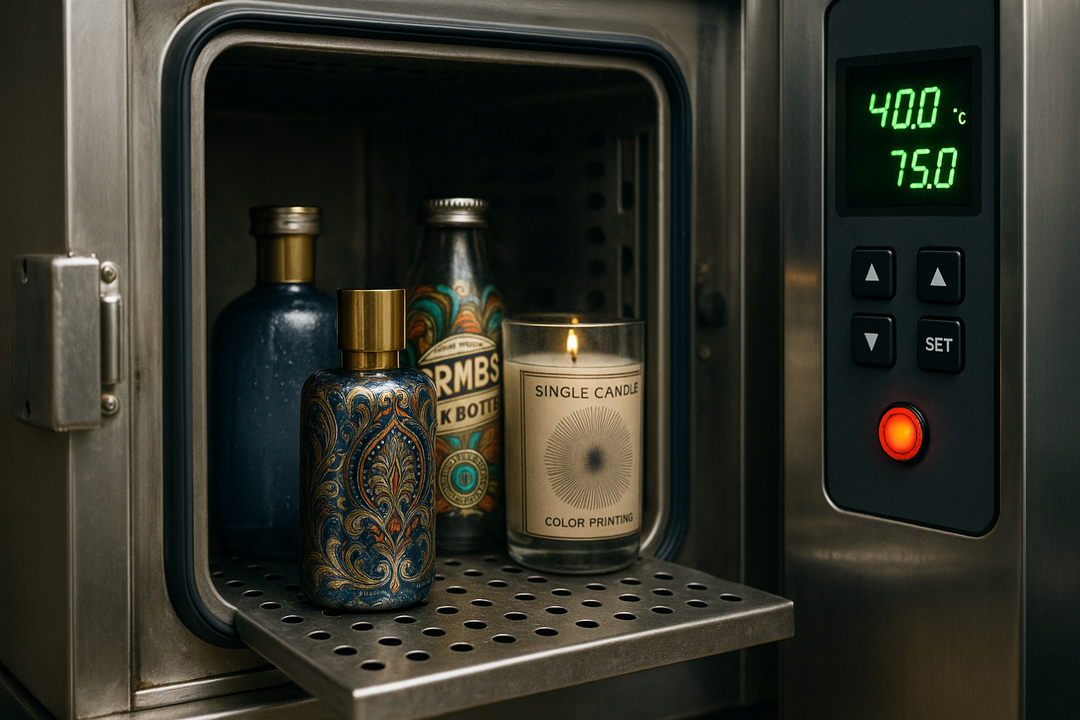 Decorated glass bottles and a printed candle undergoing environmental testing inside a laboratory climate chamber, with the digital display showing 40°C and 75% humidity, highlighting durability evaluation under controlled conditions.