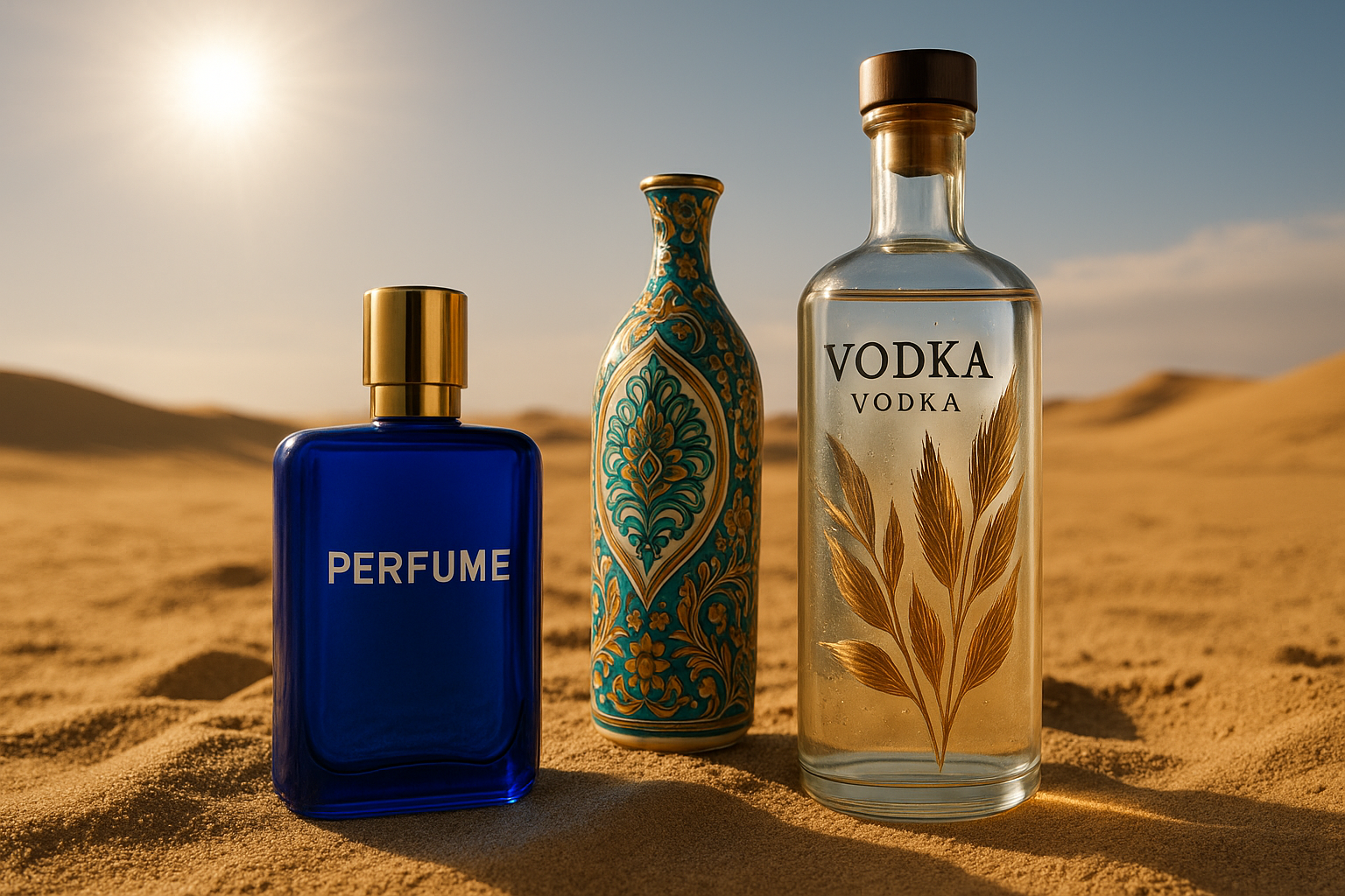 Three decorated glass containers—including a blue perfume bottle, a turquoise-patterned ceramic bottle, and a vodka bottle with gold foil decoration—placed on sunlit desert sand under a clear sky, representing packaging resilience in hot and dry regions.