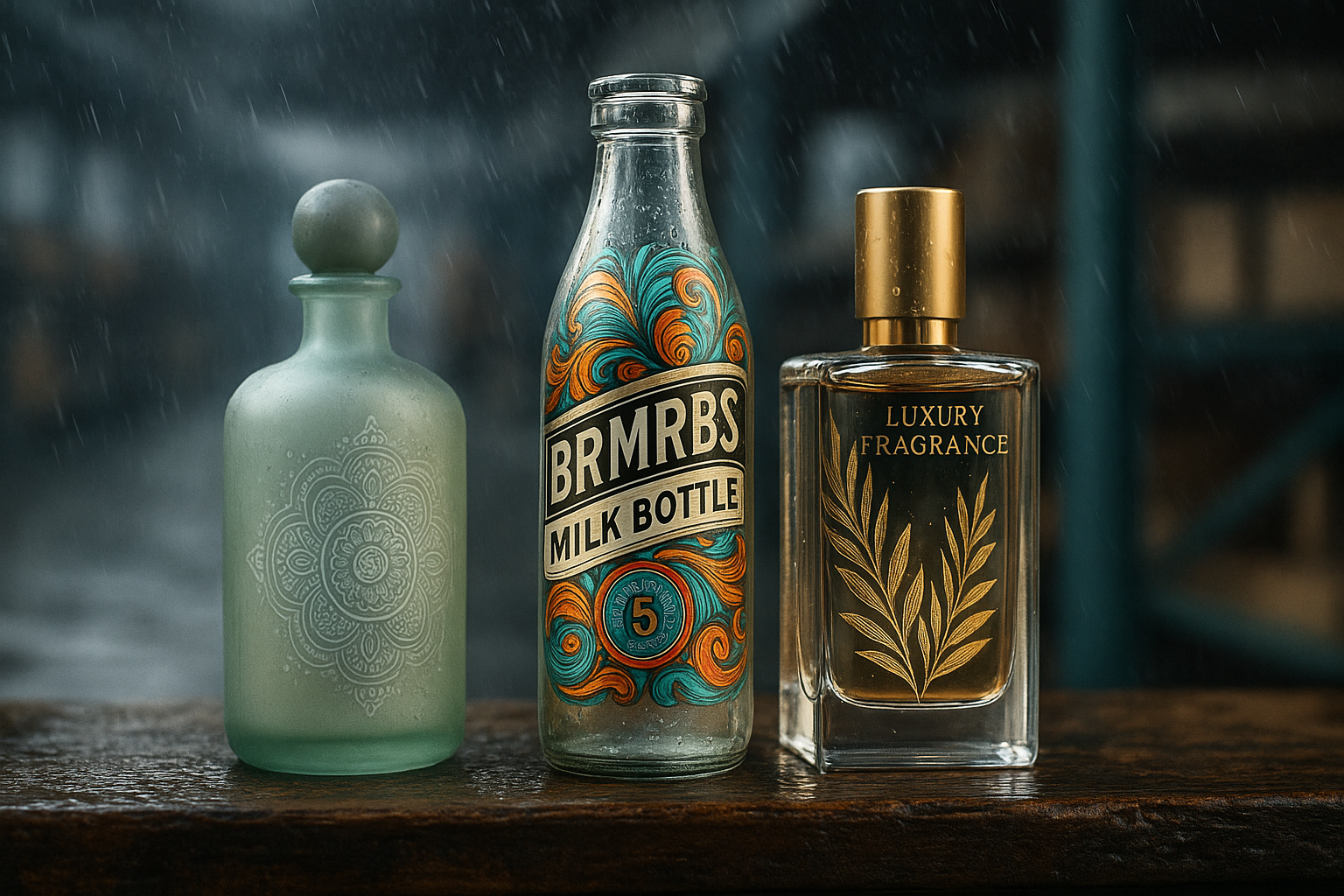 Three beautifully decorated glass bottles—a frosted perfume bottle with intricate floral etching, a colorful milk bottle with bold swirl printing, and a luxury fragrance bottle with gold foil leaf design—standing on a rain-soaked wooden surface in a humid warehouse environment.