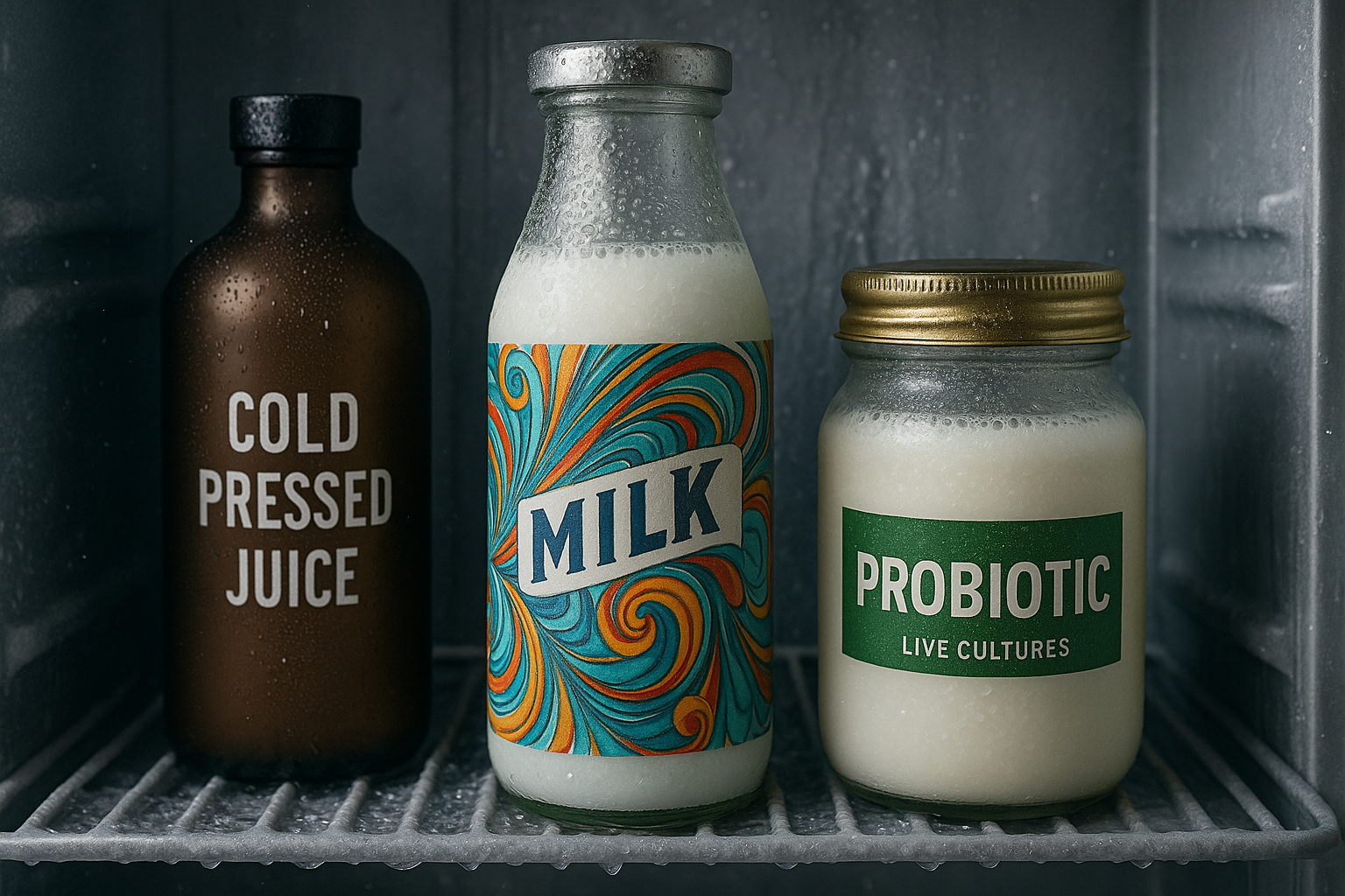 Three refrigerated beverage bottles—a cold-pressed juice bottle, a vibrantly decorated milk bottle, and a probiotic jar—covered in condensation and frost, sitting on a chilled shelf inside a cold storage unit, illustrating durability in cold chain conditions.