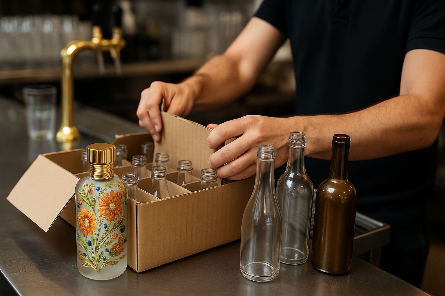 A worker in a commercial kitchen repacks glass bottles into a cardboard box, with a decorated floral perfume bottle placed prominently in front, illustrating wear and handling challenges in Horeca and e-commerce channels.
