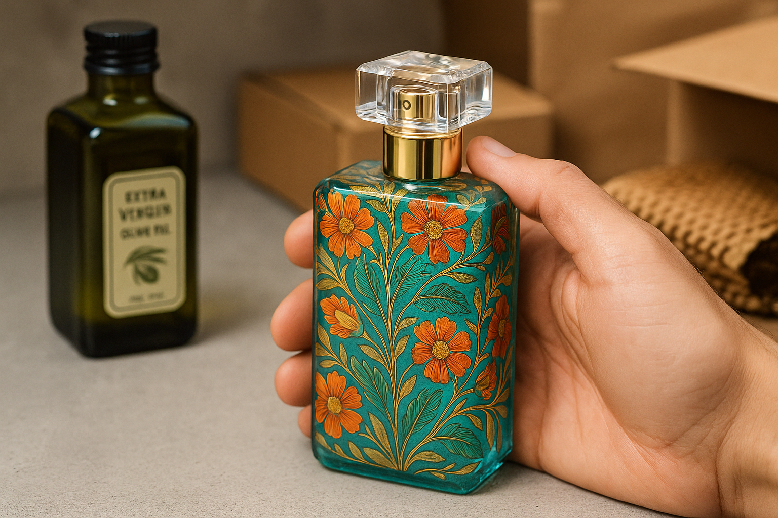 A hand holding a turquoise glass perfume bottle with vibrant floral decoration, symbolizing nano laminate protection, with an olive oil bottle and cardboard packaging in the blurred background—depicting durability in high-touch, export scenarios.