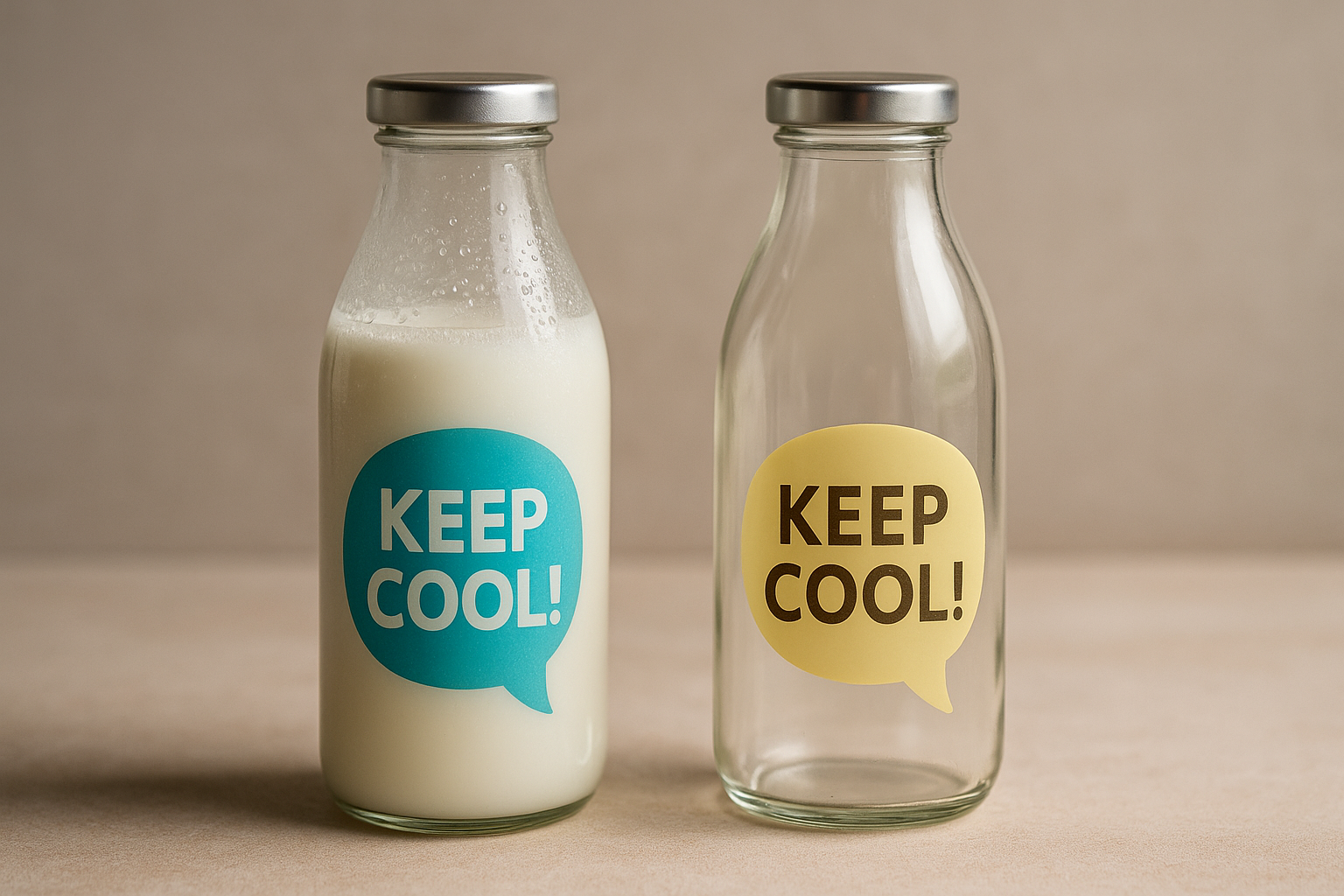 Two glass bottles with “KEEP COOL!” labels demonstrating color-change technology—one filled and labeled in bright turquoise to indicate proper cold storage, the other empty with a yellow label representing exposure to warm temperatures—showcasing thermochromic ink on decorated glass bottles.