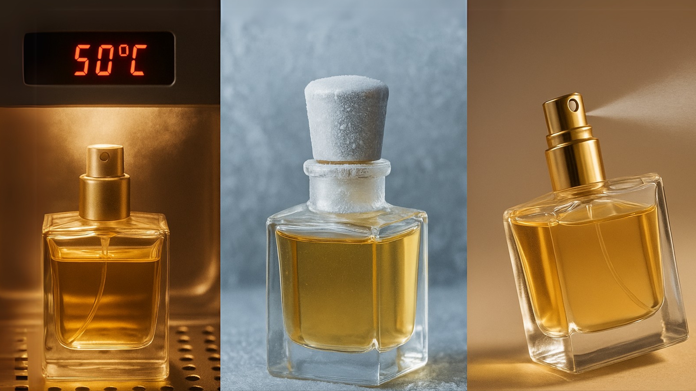 A triptych of high-resolution images showing a perfume bottle undergoing three tests: a high-temperature chamber test at 50°C, a low-temperature stress test with a frosted cap, and a tilt and spray simulation to replicate cabin pressure conditions.