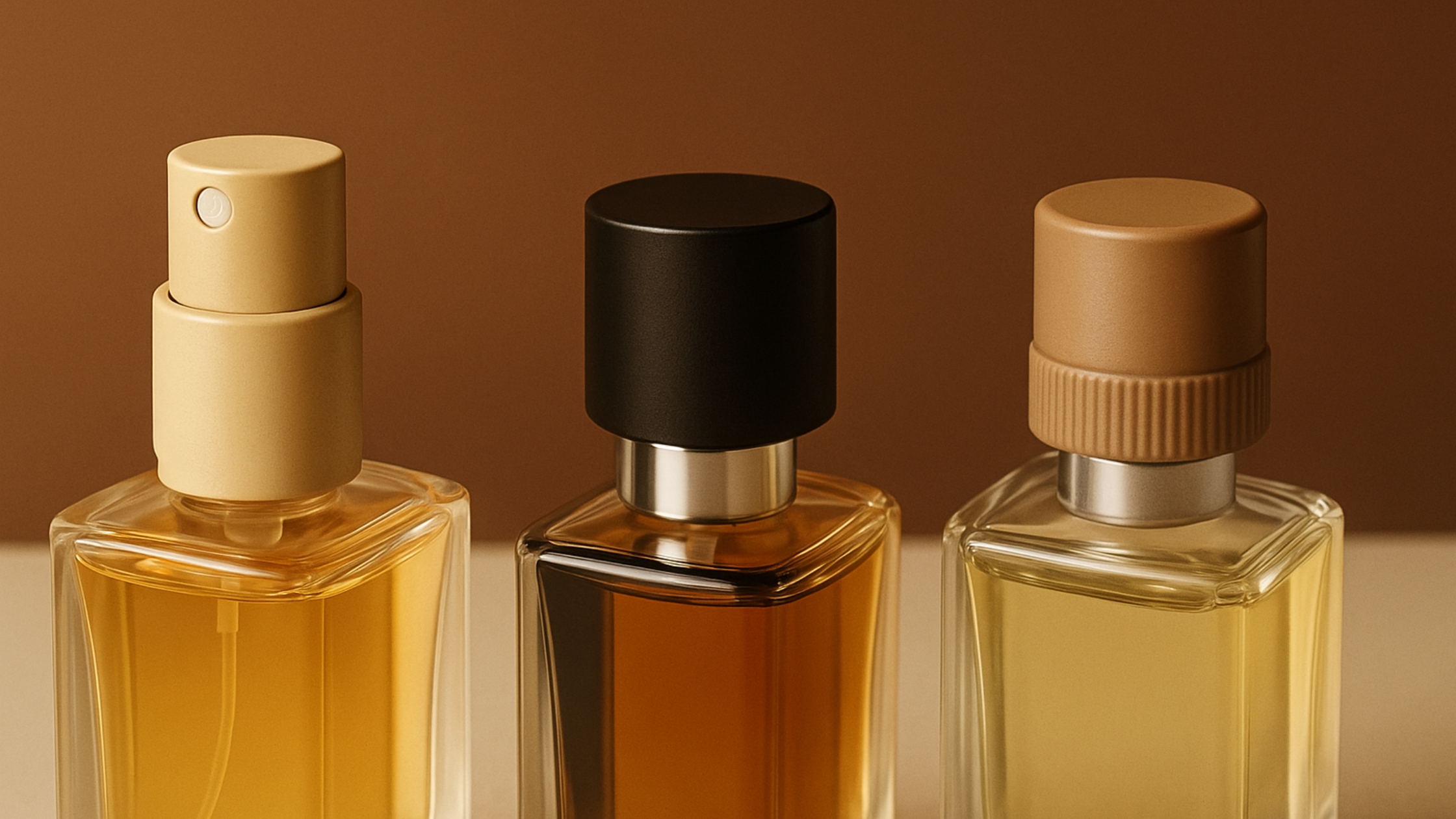 Three perfume bottles aligned on a beige to brown gradient background, each showcasing a different sustainable closure type: a beige monomaterial pump, a black magnetic reusable cap, and a brown PCR plastic screw cap.