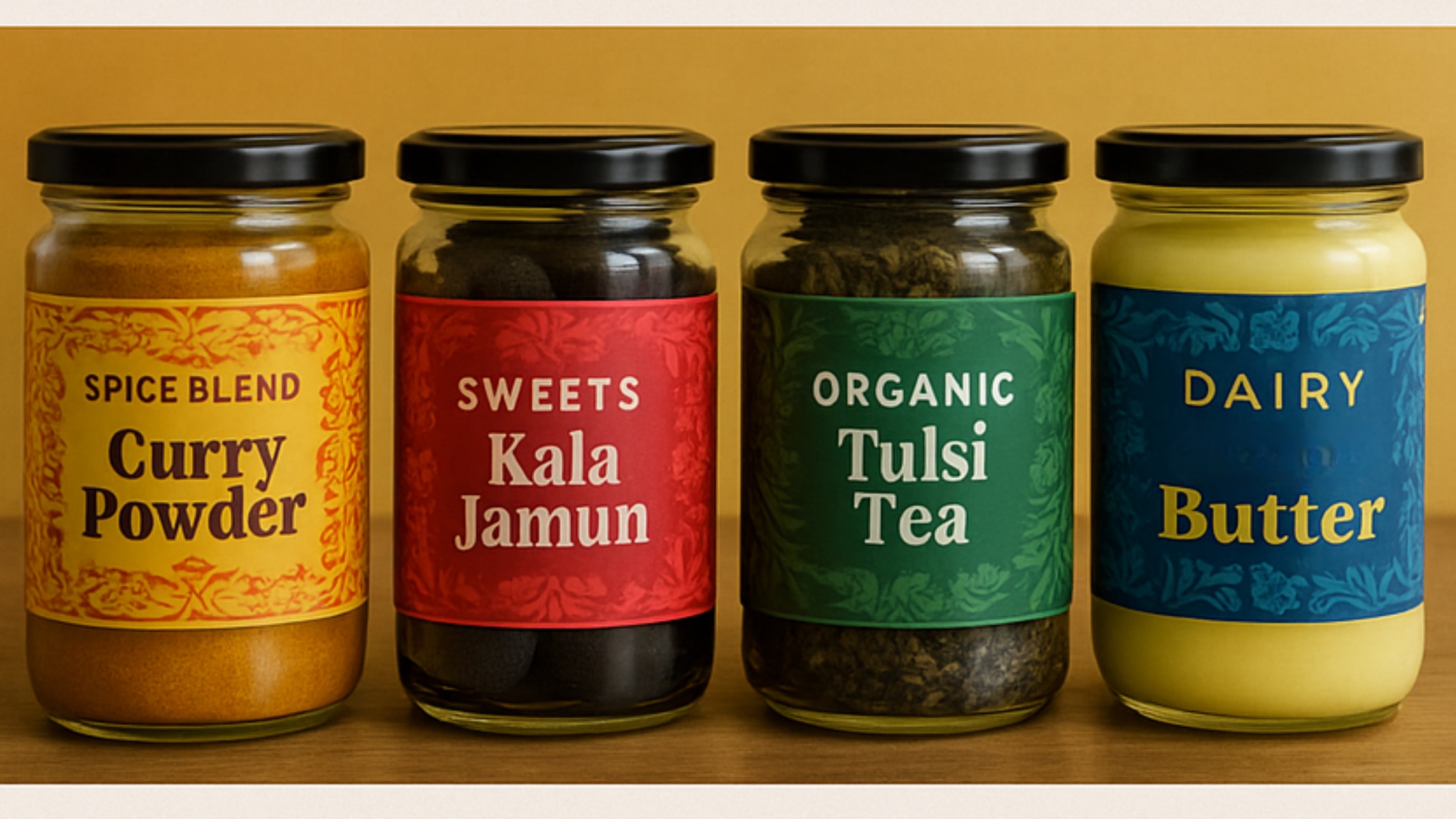 Glass jars labeled Curry Powder, Kala Jamun, Tulsi Tea, and Amul Butter, each with culturally symbolic colors—yellow, red, green, and blue.