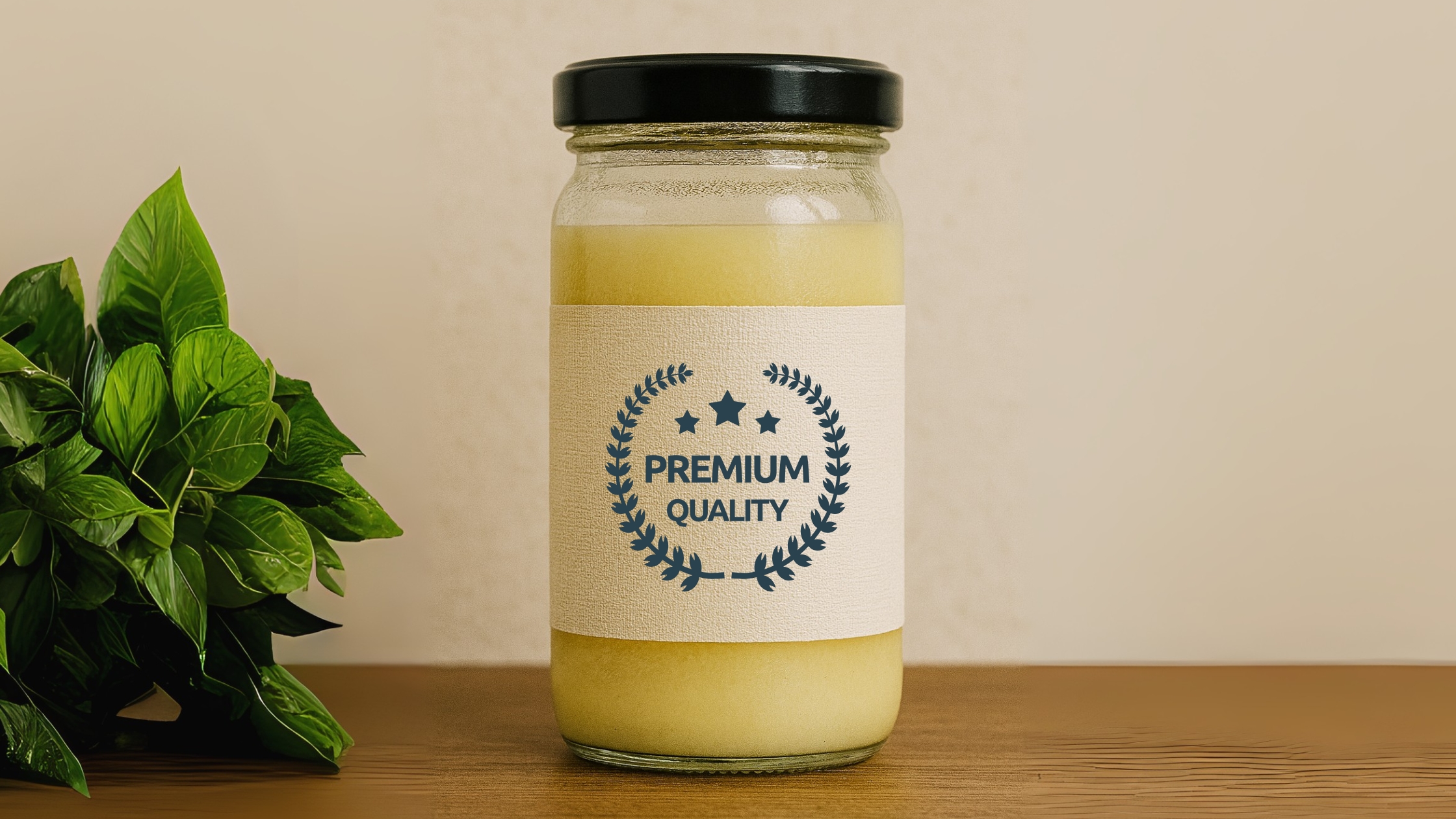A glass jar with a glossy black lid, filled with a yellow substance, featuring a textured, linen-like label that suggests premium quality and tactile appeal.